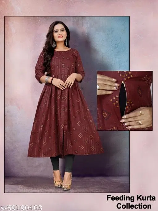 Printed Maternity Kurti for Women (Maroon, XL)
