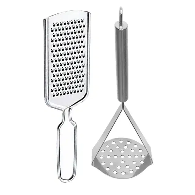 Stainless Steel Cheese Grater & Potato Masher (Silver, Pack of 2)