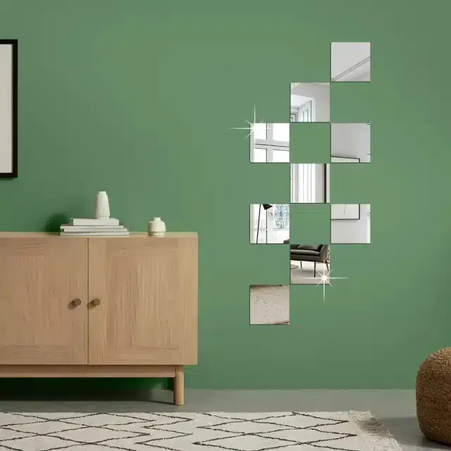 Acrylic Square Shaped Wall Mirror Stickers (Silver, Pack of 9)
