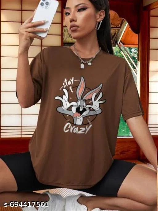 Cotton Blend Printed T-shirt for Women, Brown (S)