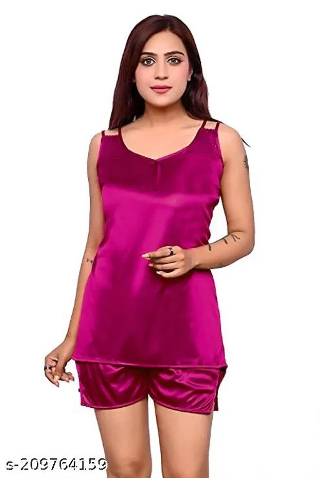 Satin Nightdress Set for Women (Magenta, XL)