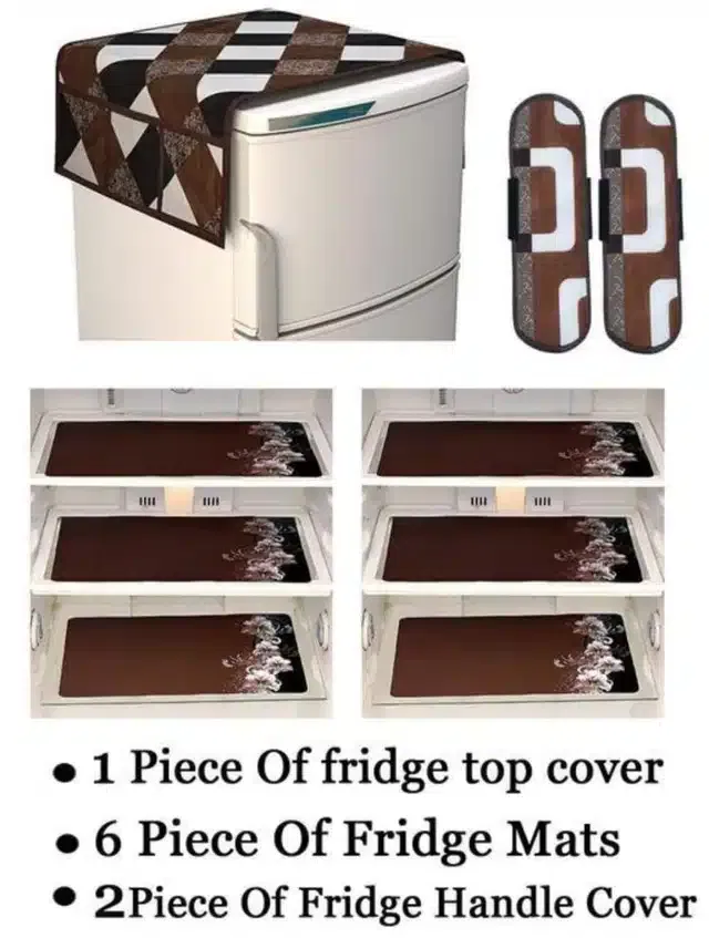 Knit Printed Fridge 6 Pcs Mat with 2 Pcs Handle & Top Cover (Brown, Set of 1)