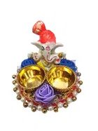 Metal Decorative Ganpati Haldi Kumkum Stand with 2 Roli Chawal Holder, Multicolor