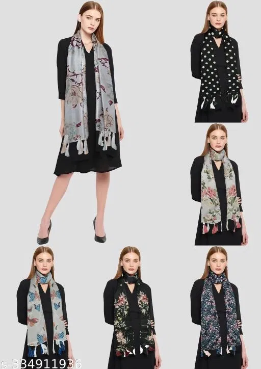 Printed Chiffon Scarves with Tassels for Women, Multicolor, Pack of 6