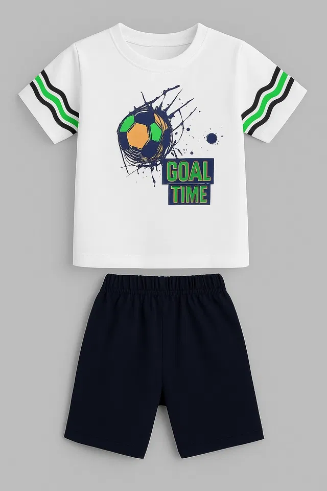 Cotton Blend Printed Clothing Set for Boys (White & Black, 3-4 Years)