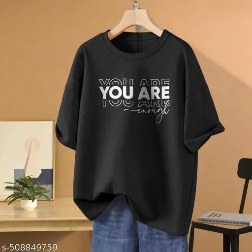 Cotton Blend Printed T-shirt for Women, Black (XS)
