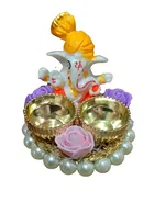 Metal Decorative Ganpati Haldi Kumkum Stand with 2 Roli Chawal Holder, Multicolor
