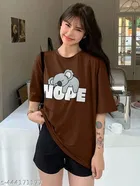 Cotton Blend Printed T-shirt for Women, Brown 