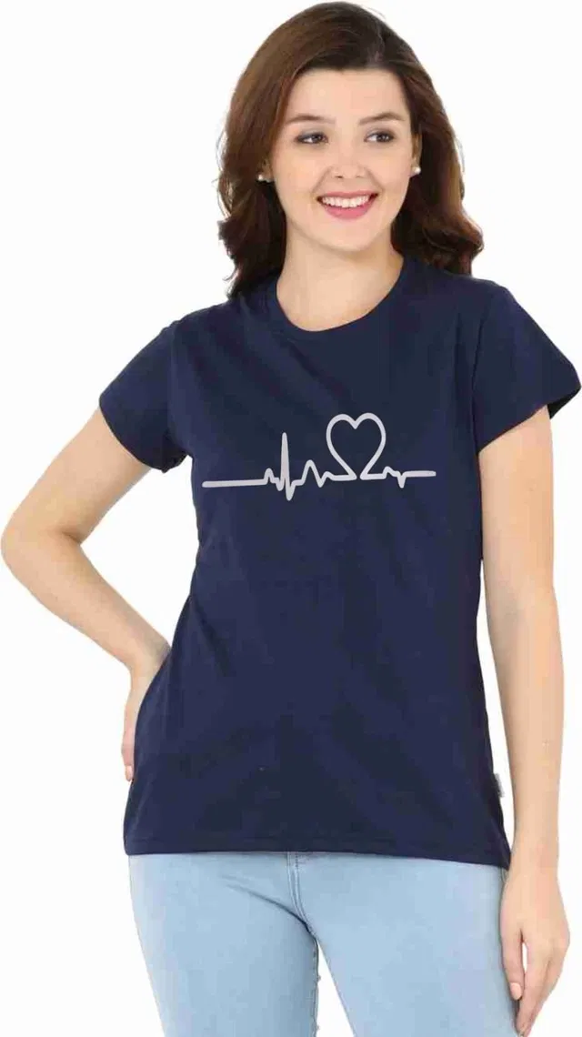 Half Sleeves Printed Round T-Shirt for Women (Navy Blue, S)