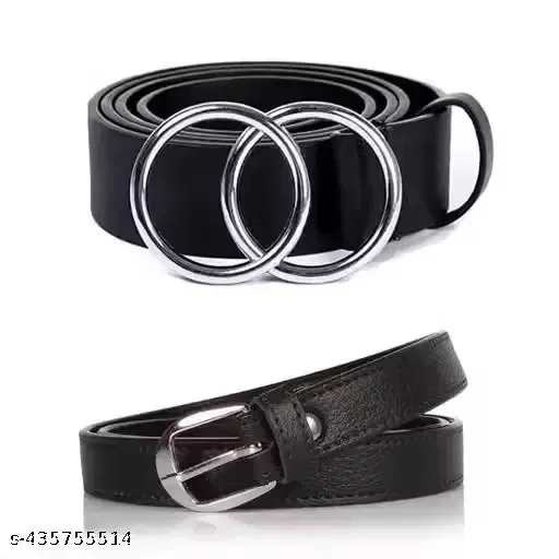 Faux Leather Belt for Women, Black, Pack of 2 (Free Size)