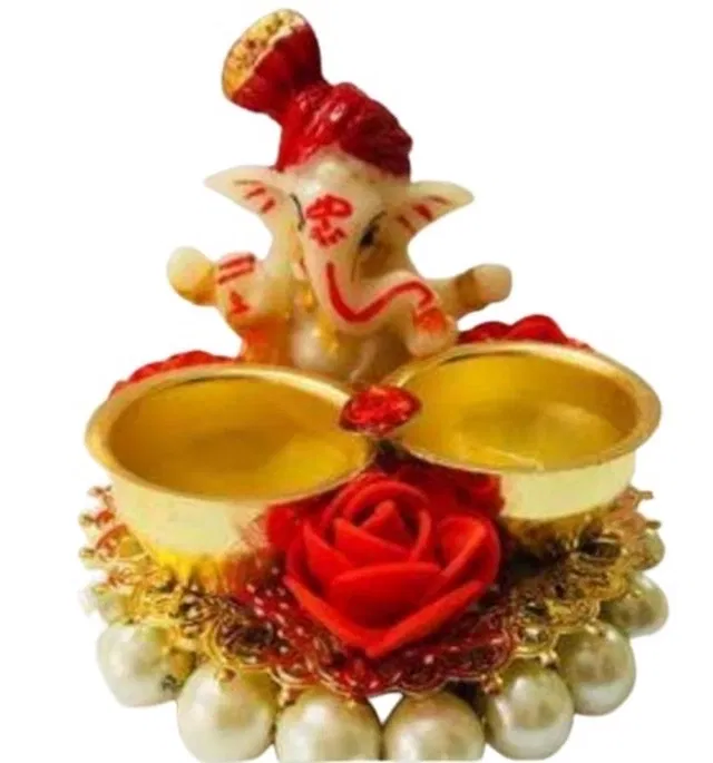 Metal Decorative Ganpati Haldi Kumkum Stand with 2 Roli Chawal Holder, Multicolor