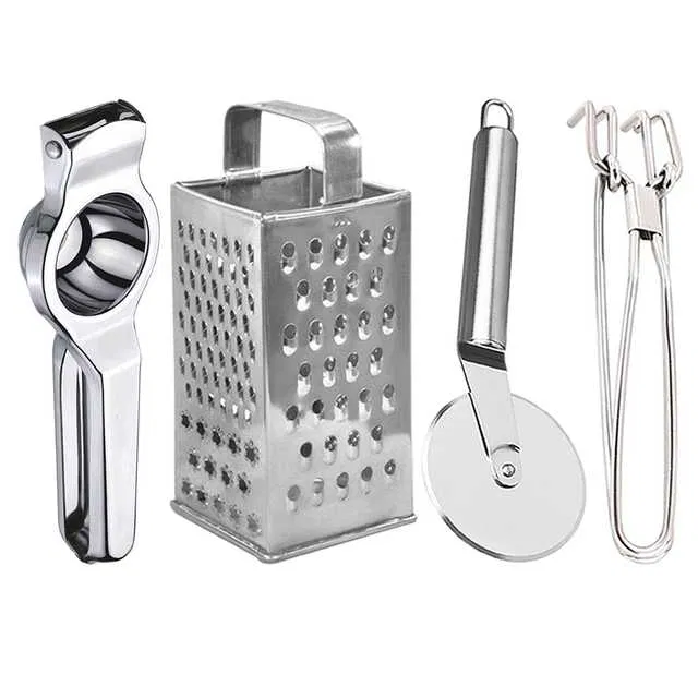 Oc9 Stainless Steel Lemon Squeezer & 4 in 1 Grater Or Slicer & Pizza Cutter & Utility Pakkad Kitchen Tool Set (O-109)