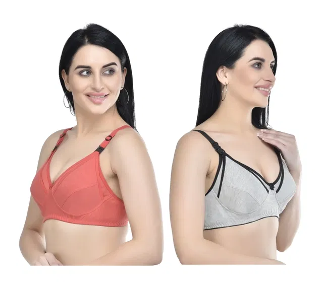 Cotton Blend Solid Non Padded Feeding Bras for Women (Multicolor, 40) (Pack of 2)