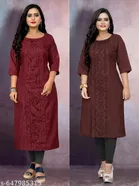 Floral Embroidered Cotton Blend Kurti for Women, Pack of 2 