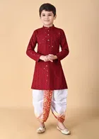 Rayon Embellished Kurta with Dhoti for Boys, Maroon & White 