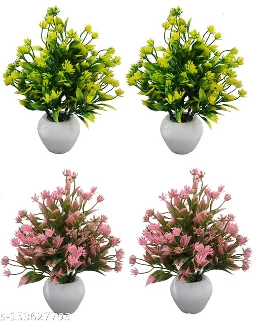 Plastic Artificial Flower With Pot,Multicolour,Set Of 4