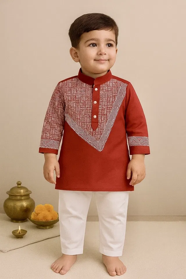 Dupion Silk Printed Kurta with Payjama for Boys, Maroon & White (2-3 Years)