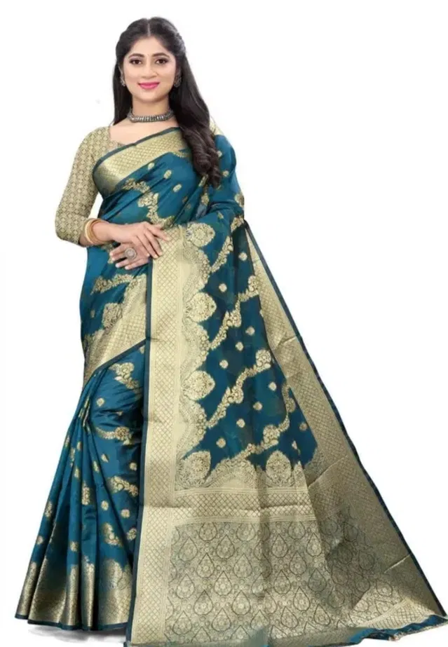 Organza Zari Woven Saree for Women (Teal, 6.3 m)