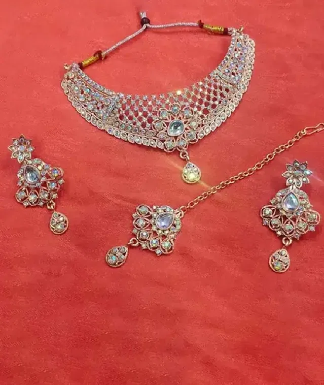 Alloy Necklace with Earrings & Maangtika for Women (Silver, Set of 1)