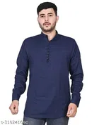 Cotton Blend Solid Short Kurta for Men, Navy Blue 