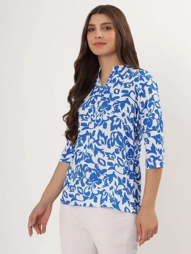 Womens Blue Floral Print Rayon Short Kurti (Blue XXL)