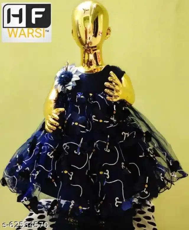 Net Sleeveless Dress for Girls (Navy Blue, 1-2 Years)