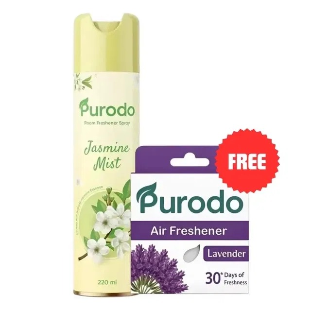 प्यूरोडो एयर फ्रेशनर स्प्रे 220ml जैस्मिन मिस्ट + एयर फ्रेशनर ब्लॉक लैवेंडर 50g (फ्री)