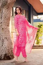 Cotton Silk Printed Kurta With Paint & Dupatta Set for Women, Pink 