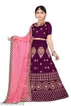 Satin Embroidered Lehenga with Choli & Dupatta for Girls 