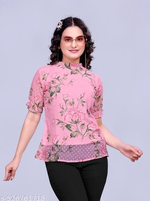 Floral Printed Georgette Kurti for Women (Pink, S)