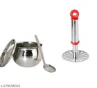 Stainless Steel Oil Container Pot Set with Vegetable Masher (Red & Silver, Set of 2)