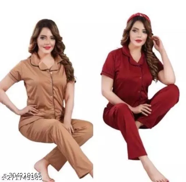 Satin Nightsuit for Women (Brown & Maroon, XXL) (Pack of 2)