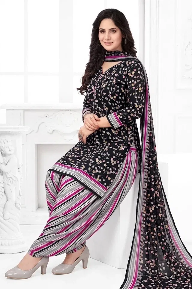 Crepe Floral Punjabi Suits for Women (Black, Black)