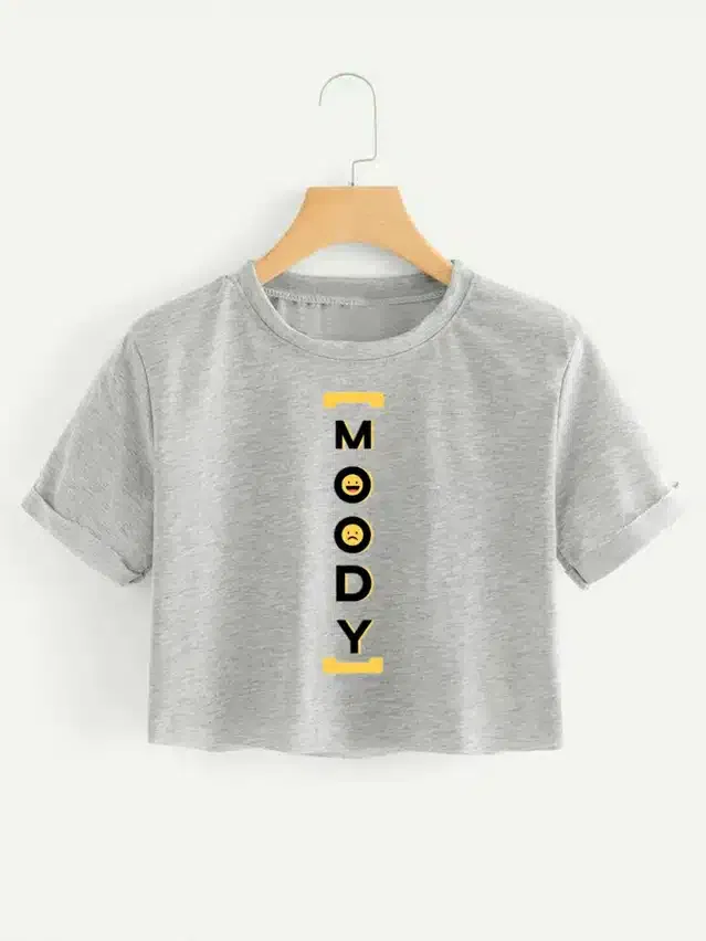 Printed Crop T-shirt for Women (Grey, XL)