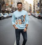 Fleece Printed Hoodie For Men, Light blue 