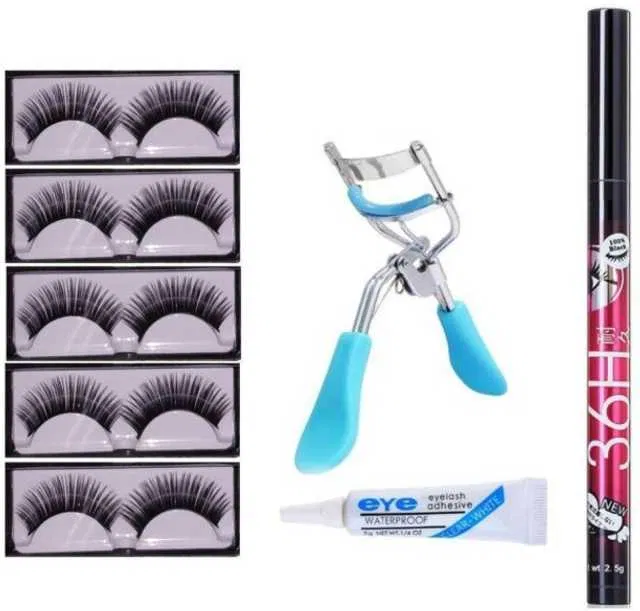 Pack of 8 Lenon False Eyelash 5 Pair, Eyelash Curler, Eyelash Glue & Pen Eyeliner