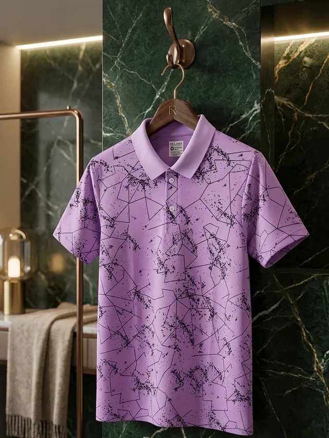 Printed Polo T-shirt for Men (Lavender, L)