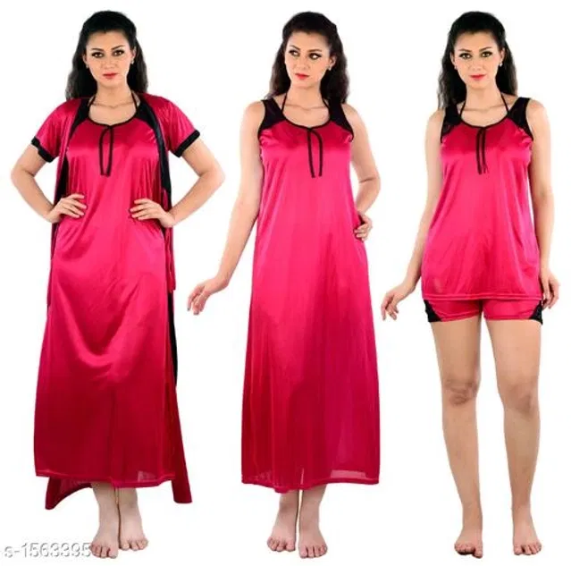 Satin Nightdress Set for Women (Dark Pink, M)
