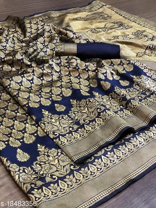Kanjeevaram Silk Saree for Women (Navy Blue)