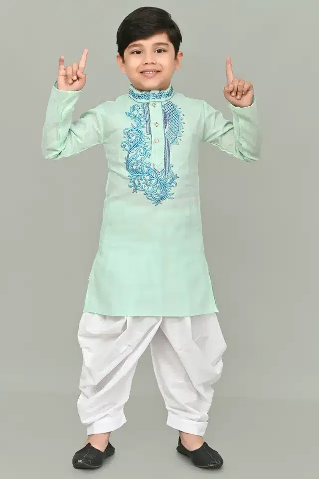 Cotton Embroidered Kurta with Patiyala Set for Boys (Sea Green & White, 9-10 Years)