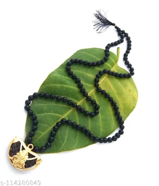 Black Hakik Mala with Ganesh Ji Locket for Men (Black)