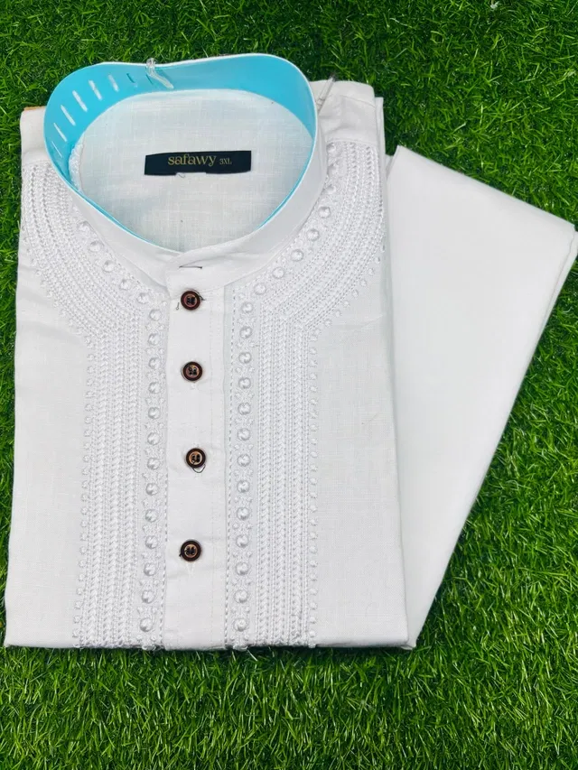 Cotton Blend Embroidered Kurta with Pyjama for Men, White (XXL)