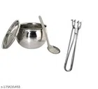 Stainless Steel Oil Container Pot Set with Cooking Tong (Silver, Set of 2)