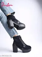 Shoetopia Solid Suede Block Boots Black 
