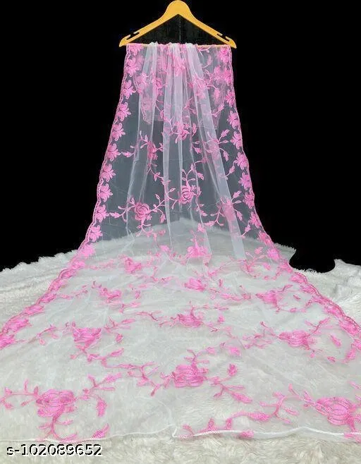 Embroidered Banarasi Net Floral Sewing & Embroidery (Pink, Free Size)