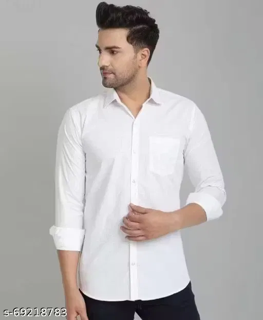 Cotton Blend Solid Shirt For Men, White (L)