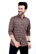 Cotton Blend Checked Shirt for Men, Brown 
