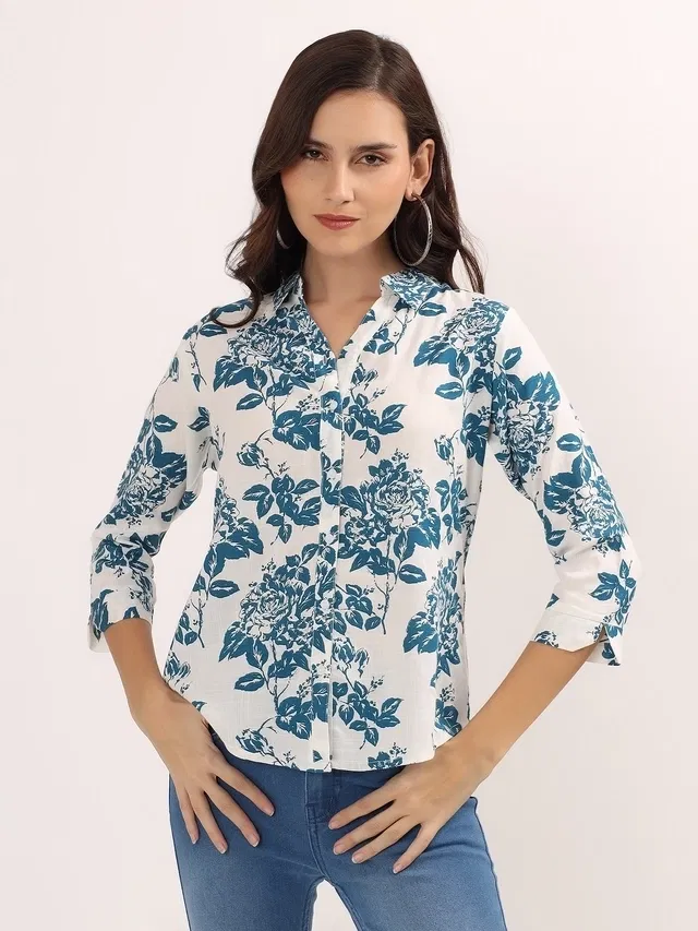 Rayon Printed Shirt for Women (White & Teal. XL)