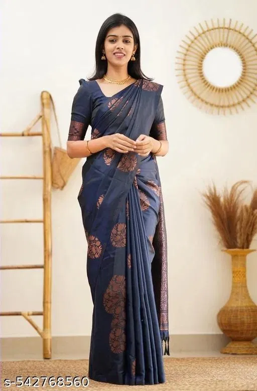 Banarasi Silk Saree for Women (Blue, Free Size)