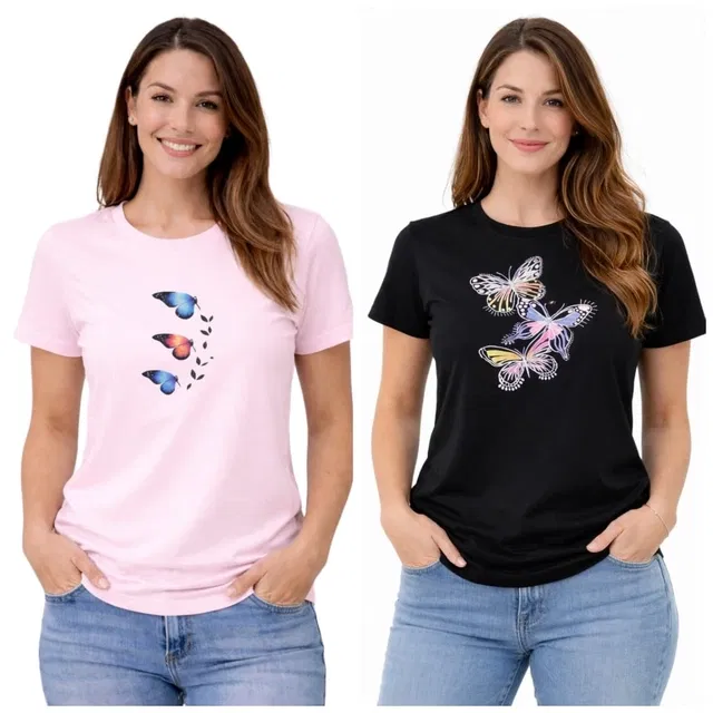 Cotton Blend T-shirt for Women, Black & pink, Pack of 2 (M)